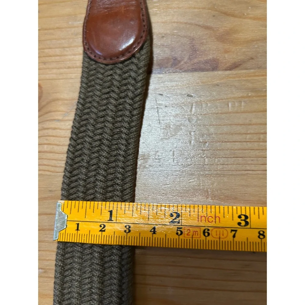 Talbots Woven Belt Brown Leather Trim Olive Green Large Classic Preppy Old Money